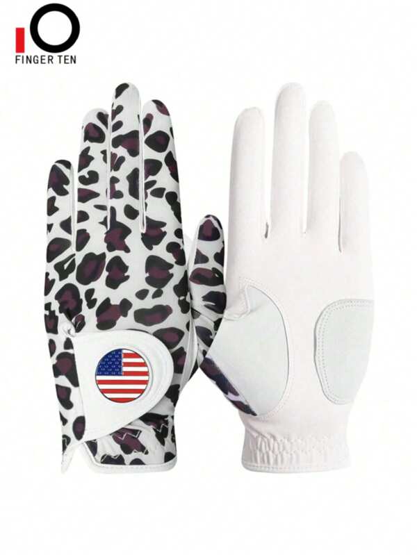 FINGER TEN Damen Golf Handschuh mit Ball Marker Regen Linke/Rechte Hand Leder Bedrucktes Set, Damen Golf Handschuhe für alle Wetterbedingungen mit Griff, atmungsaktiv, weich, Größe Small Medium Large XL