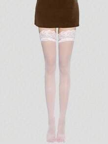 3双女式性感蕾丝透明纯色大腿袜 - 彩色 - 查看 4