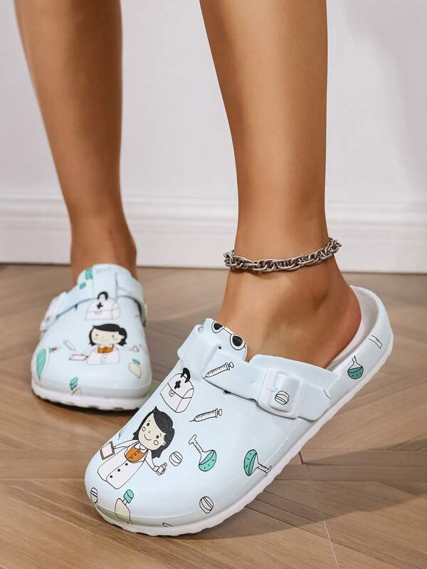 Women's Fashion Closed Toe Nurse Shoes, Cartoon Nurse Water Print EVA Flat Slippers, Slip-On Work Shoes, Doctor/Nurse/Lab Anti-Slip Wear-Resistant Protective Toe Shoes