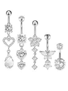5 件银色和粉色心形、泪珠形、蝴蝶形 316L 不锈钢肚脐穿孔首饰套装，欧式风格，适合日常佩戴