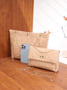 Fashion Women's Handbag Set, Includes Rhombus Quilted Tote Bag And Crossbody Bag, Stylish And Versatile Women Bag Set - Khaki - View 3