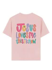 Tween Girl "Jesus Loves Me" Slogan Print Round Neck T-Shirt, Summer Top