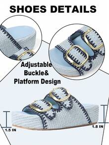 Summer Raffia Platform Sandals Women Thick Bottom Rivit Buckle Slippers Comfy Fashion Dress Beach Women Slides Shoes - 藍色 - 查看 6