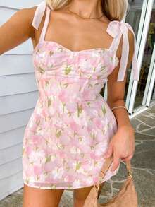 Women's Mini A Line Dresses Summer Fashionable Floral Pattern Sleeveless Backless Adjustable Strap Dress - 粉色 - 查看 2