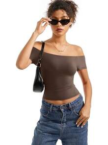 Women Double Lined Off Shoulder Tops Fitted Going Out Basic Shirts - Mocha - View 6