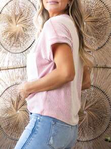 Acelitt T-shirt rosa girocollo color block, in maglia a cordoncino con tasche