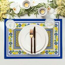 1/2/4/6 Luxury Placemats Lemon Blue Linen Placemats, 30 * 45cm Seasonal Daily Tablecloth Table Mats, Coasters, Suitable For Holiday Party Decoration, Coffee Table And Home Decoration, Kitchen Table And Room Decoration Accessories, Dining Table Decoration, Restaurant Company Gatherings