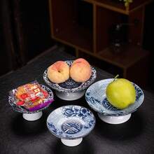 Vintage Blue And White Chinese Style Ceramic Teapot Plate, High Footed Fruit Plate, Small Dish, Chinese Style Snack Bowl, Dry Fruit Dish, Ceramic Tray