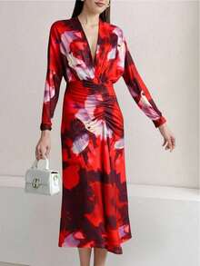 Vestido plisado estampado con mangas farol para mujer - Multicolor - Ver 2