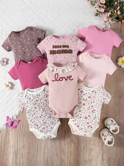 8pcs/Set Baby Girls Floral Print Bodysuit , Spring Summer