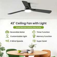 Ceiling Fan With Light 42 Inch, Modern Low Profile Flush Mount Ceiling Fan With Remote Control, 6 Speed Reversible Airflow LED Light Fixture For Bedroom, Living Room, Home Decor - US A Type Plug(110-127V) - View 3