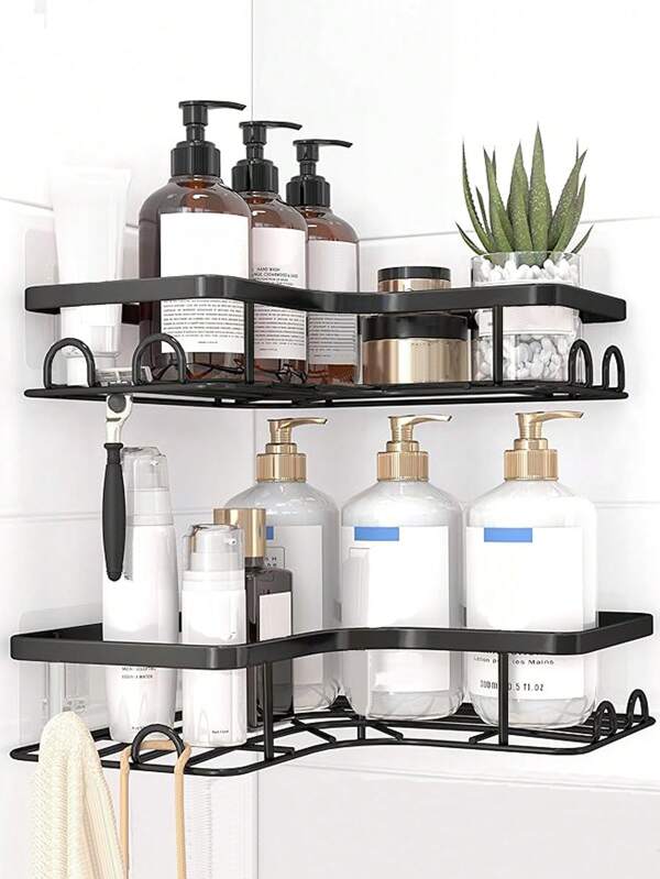 Porte-savon mural pour douche, Étagère d'angle pour douche - 1/2 paquets, Étagères de douche adhésives, Étagères et rangements de salle de bain sans perçage, Gain de place, Noir