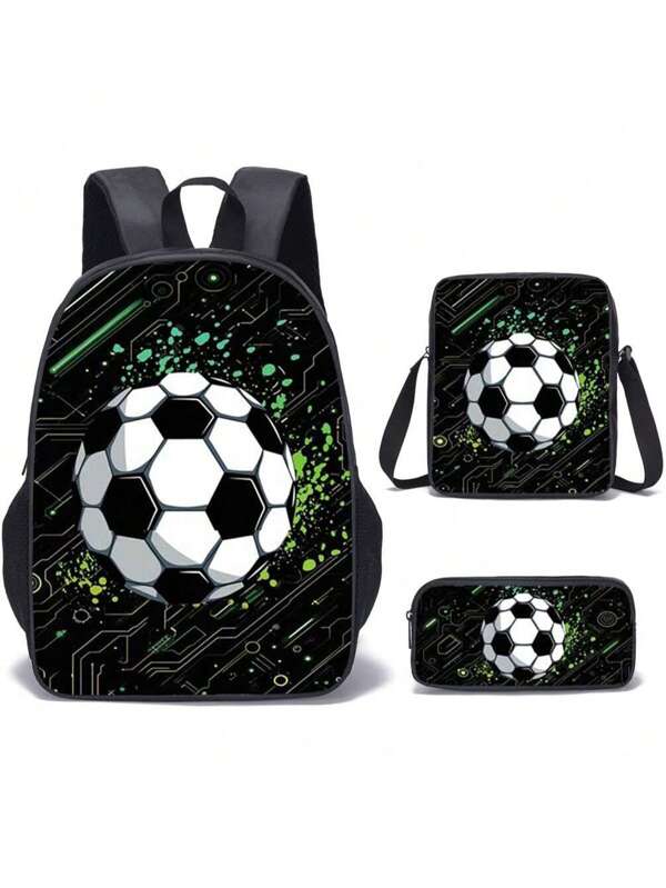 Tres piezas Mochila de 16" con patrón de juego/fútbol, mochila ligera de ocio al aire libre para niños, tres piezas de combinación de bolsa escolar, bolsa bandolera y estuche