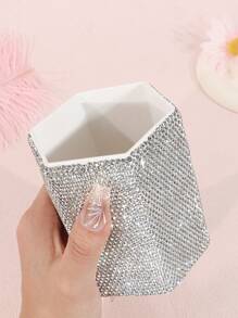 1pc White Luxurious Crystal-Inlaid Desk Pen Holder, Creative Ceramic Rhinestone Makeup Brush Holder, Fashion Cosmetic Organizer Storage