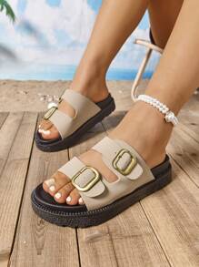 1 par de sandalias con suela gruesa de estilo bohemio, con decoración de hebilla, para playa, resort, exteriores y verano, versátiles y de plataforma con cierre deslizante