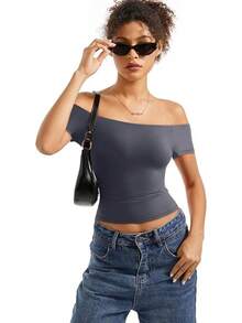 Women Double Lined Off Shoulder Tops Fitted Going Out Basic Shirts - Ash - View 6