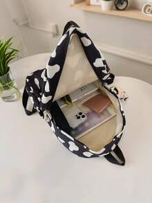 1pc Classic Basic Large Capacity Backpack For Back To School, With Laptop Compartment, Fashionable Multipurpose Backpack, All-Over Cow Print Pattern, High-Quality Nylon Material, Adjustable Shoulder Straps - Black and White - View 6