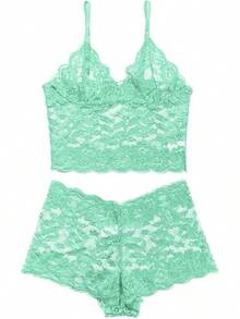 Floral Lace Lingerie Set High Waist Sleepwear Bra And Panty 2 Piece Nightwear 2025 Back-To-School Season Fall Pjs - 薄荷綠 - 查看 4