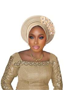 尼日利亚头带婚礼派对头饰优雅非洲头带头巾成品女士自动发带女式头巾 - 疊層黏花 - 查看 18