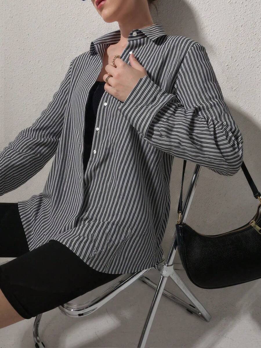 QIANZHIDU Elva 女士标语印花长袖单排扣休闲宽松衬衫，女士纯色宽松长袖商务面试通勤休闲简约衬衫，返校季毕业季办公室春夏秋季服装，情人节，新年穿搭