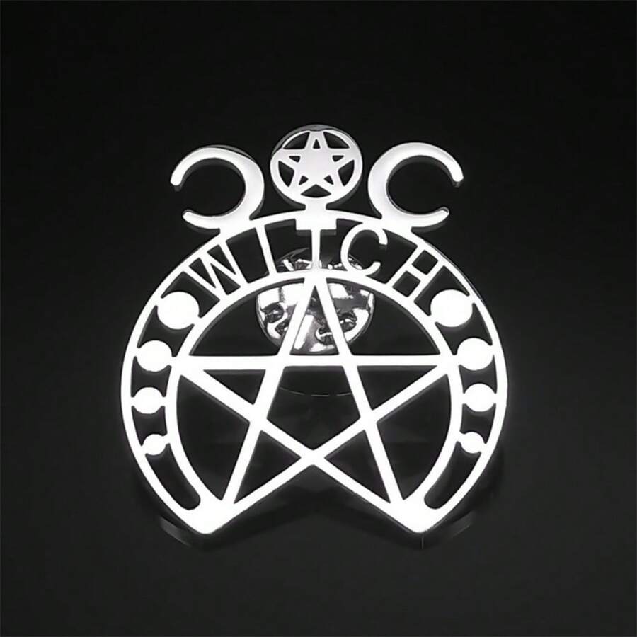 Broche de tres lunas de la diosa bruja, pentágono de acero inoxidable de color plateado, accesorio de bolso pagano, insignia de solapa, joyería - broche - Ver 1