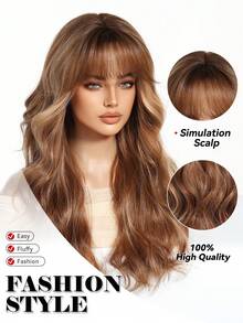 24 INCH Heat Resistant Body Wave Long Wig For Women Wig Natural Brown & Golden Highlights Synthetic Hair Wig For Daily Cosplay And Parties Suitable For All Seasons - Multicolor - View 8