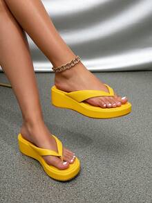 女士厚底复古人字拖凉鞋，春夏穿搭 - 黃色 - 查看 3