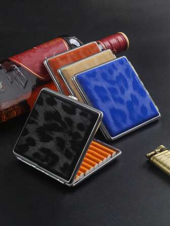 1 stuks 20-slots sigarettenkoker met luipaardprint, creatieve nieuwe metalen en leren, eenvoudige, breekbestendige, draagbare sigarettendoos, unisex cadeau, rookaccessoires