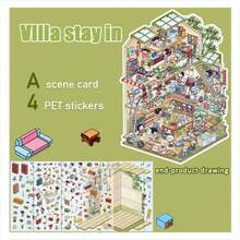 4张贴纸+1张场景卡 童年别墅 卡通模拟经营 造景贴纸 创意3D立体微缩场景粘贴画 可爱减压DIY贴纸 智能小房子 收纳贴 免抠场景贴 3D分层立体小房子贴 - 彩色 - 查看 9