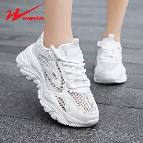 STARNOVO Women's Platform Sneakers, Lightweight & Durable Thick Sole Casual Shoes, Solid Color Leather & Mesh Patchwork Design, Comfortable Breathable Lining, Fashion Athletic Leisure Shoes