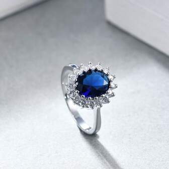 1pc Luxury Design Sapphire Zirconia Inlaid Ring, Elegant Sapphire Wedding Band Suitable For Daily Wear