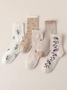 1/5 双透气、可爱、弹性舒适兔子、碎花、条纹图案蕾丝边中筒袜，适合春夏季女士 - 彩色 - 查看 6