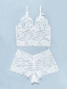 Floral Lace Lingerie Set High Waist Sleepwear Bra And Panty 2 Piece Nightwear 2025 Back-To-School Season Fall Pjs - 白色領結 - 查看 4