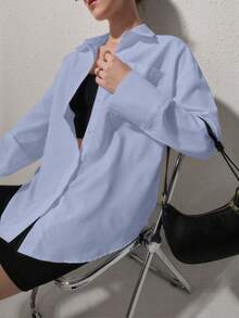 QIANZHIDU Camisa Minimalista Casual de Manga Longa Solta de Cor Sólida para Mulheres, Adequada para Voltar à Escola, Formatura, Escritório, Uso na Primavera, Verão e Outono, Simples e Elegante, Adequada para Primavera, Verão e Outono/Inverno - Azul - Visão 6