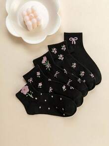 5 Paar Damen süße Schleifen & Blumen Muster Knöchelsocken, modisch & bequem für den täglichen Gebrauch, Sport, Lässig, geeignet für Frühling, Sommer, Herbst - Verschiedenfarbig - Übersicht 12