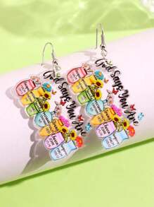 1 Pair Of Fashionable, Creative, And Unique Text Design Acrylic Earrings With Colorful Flower, Sunflower Motifs, Suitable For Back To School, Daily Wear And Festive Occasions For Women