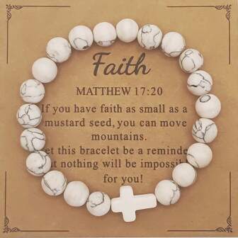 1pc 8MM Natural Stone Cross Healing Bracelet, Gift For Christian With Prayer Card