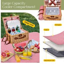 Ensemble de panier de pique-nique en osier pour 4 personnes, panier en osier fait main avec couverture de pique-nique imperméable, compartiment isotherme, assiettes, verres à vin, couverts, panier de pique-nique pour le camping, fête en plein air