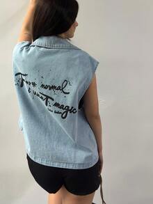 Lapel Neck Dual Pocket Vest Denim Blouse - Blue - View 5