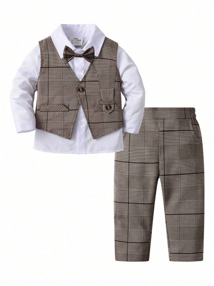 BLUE SAYING Set da 3 pezzi di completo da ragazzo con gilet a quadri da cerimonia - Castano - Visualizzare 1