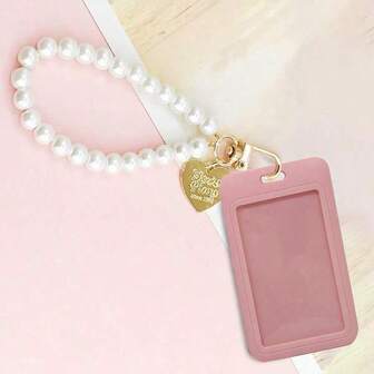 1pc Macaron Abs Solid Color Push-Pull Card Holder With Faux Pearl Chain & Heart Shape Pendant. Suitable For Student Wristband Card, Lady Card Holder, Id Card Bus Pass Protector, Campus Card Protector Back To School
