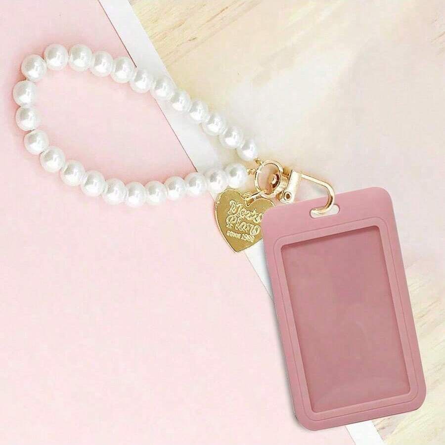 1 chiếc Macaron Abs Solid Color Push-Pull Card Holder với chuỗi ngọc trai giả & mặt dây chuyền hình trái tim. Thích hợp cho thẻ đeo tay học sinh, thẻ nữ, thẻ Id Bus Pass Protector, thẻ Campus Card Protector Back To School - Hồng - Xem 1