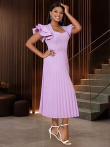 Women's Light Purple Square Neck Ruffle Sleeve Pleated Elegant Mid-Length Dress - Mauve Purple - View 4