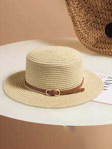 1 件女士新款时尚平顶太阳帽，大帽檐休闲太阳帽，适合海滩、度假、度假，日式草编帽 - 黑色 - 查看 8