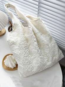 Bolso de tela con detalles de encaje floral, bolso de lona casual de gran capacidad, adecuado para estudiantes universitarios y commuting - Blanco - Ver 5