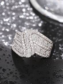 1 Chiếc nhẫn Cubic Zirconia thanh lịch dành cho phụ nữ dùng để trang trí tiệc cưới, đính hôn, quà tặng ngày lễ tình nhân - Bạc - Xem 3