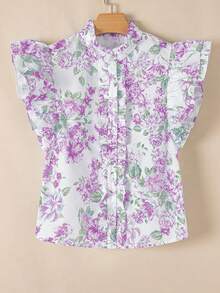 Acelitt Błękitna koszula z falbaniastymi rękawami i nadrukiem kwiatowym, zapinana na guziki - Wrzosowy - Zobacz 3