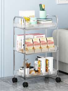 1pc Household Transparent Movable Cosmetic Small Cart Storage Rack, Large Capacity Multifunctional Bathroom Finishing Display Rack, Bathroom Accessories, Makeup Organizer Rolling Cart, Mobile Shelf For Office, Bathroom, Kitchen, & Living Room