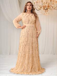 YISIKADO 加大码女式亮片雪纺舞会礼服圆领长袖优雅舞会礼服端庄长裙适合婚礼宾客伴娘毕业晚宴 - 香檳色 - 查看 4