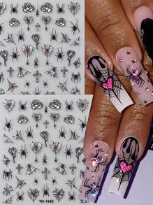 FULL BEAUTY 2 piezas Pegatinas de uñas de Halloween con diseño de rosa de telaraña láser oscura con cruz, diseños deslizantes con brillos de araña gótica Y2K, decoraciones de uñas con dibujos animados lindos